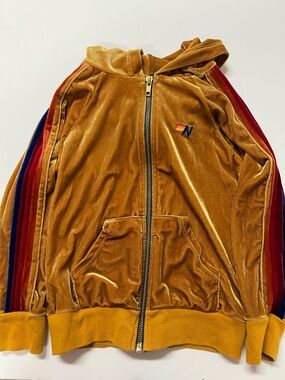 Aviator Nation Kids Nugget Gold Yellow Velvet Striped Long Sleeve Zip Up Hoodie